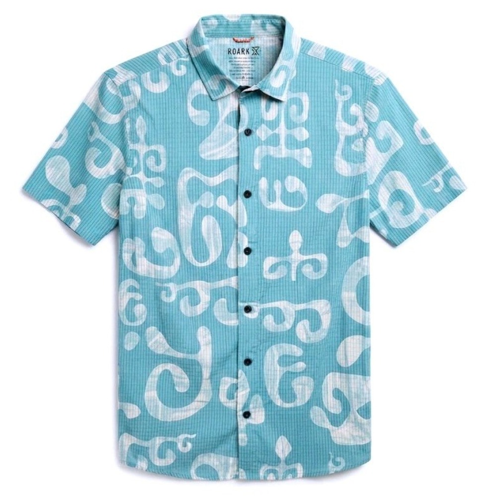 Roark Mens Blue White Abstract Tribal Print Perforated Stretch Shirt Small - CJ